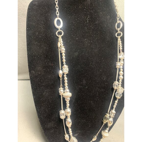 Silver-Tone Beaded Multi-Strand Necklace with Chain & Textured Beads 36" - Picture 2 of 7